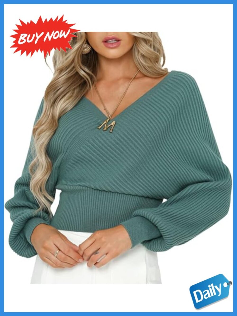 Viscose Blend Cropped V Neck Lantern Sleeve Sweater Pullover